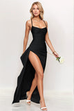 Simple Black Ruched Spaghetti Straps Long Formal Dress with Slit