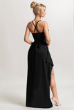 Simple Black Ruched Spaghetti Straps Long Formal Dress with Slit
