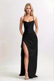 Simple Black Ruched Spaghetti Straps Long Formal Dress with Slit