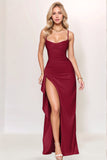 Simple Black Ruched Spaghetti Straps Long Formal Dress with Slit