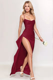 Simple Black Ruched Spaghetti Straps Long Formal Dress with Slit