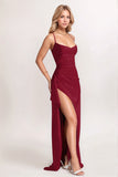 Simple Black Ruched Spaghetti Straps Long Formal Dress with Slit