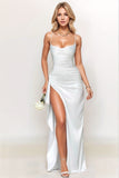 Simple Black Ruched Spaghetti Straps Long Formal Dress with Slit