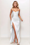 Simple Black Ruched Spaghetti Straps Long Formal Dress with Slit