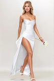 Simple Black Ruched Spaghetti Straps Long Formal Dress with Slit