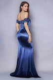 Dark Blue Mermaid Off the Shoulder Pleated Satin Long Prom Dress