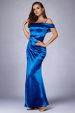 Ruched Royal Blue Cold Shoulder Prom Dress with Slit