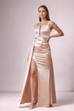 Elegant Blush Satin Sheath Pleated Long Wedding Guest Dress with Side Slit