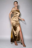 Mermaid Golden One Shoulder Ruched Long Formal Dress with Slit