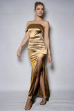 Mermaid Golden One Shoulder Ruched Long Formal Dress with Slit