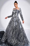 Black Silver Floral A-Line Illusion Neck Long Sleeves Formal Dress