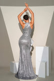 Sparkly Silver Mermaid High Neck Sequins Ruffle Flower Long Formal Dress with Slit