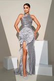 Sparkly Silver Mermaid High Neck Sequins Ruffle Flower Long Formal Dress with Slit