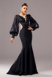 Black Mermaid Puff Long Sleeves V Neck Long Formal Dress with Appliques