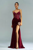 Sparkly Burgundy Mermaid Lace Corset Sequins Long Formal Dress with Slit