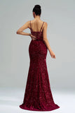 Sparkly Burgundy Mermaid Lace Corset Sequins Long Formal Dress with Slit