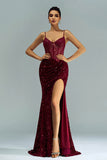 Sparkly Burgundy Mermaid Lace Corset Sequins Long Formal Dress with Slit