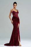 Sparkly Burgundy Mermaid Lace Corset Sequins Long Formal Dress with Slit