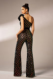 Sparkly Black Tight One Shoulder Ruffle Flower Sequined Prom Jumpsuit