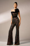 Sparkly Black Tight One Shoulder Ruffle Flower Sequined Prom Jumpsuit