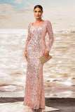 Sparkly Pink Mermaid Square Neck Sequins Long Formal Dress with Long Sleeves