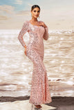 Sparkly Pink Mermaid Square Neck Sequins Long Formal Dress with Long Sleeves