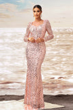 Sparkly Pink Mermaid Square Neck Sequins Long Formal Dress with Long Sleeves