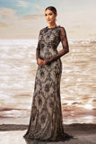 Black Apricot Mermaid Ruffled Neck Long Sleeves Ruched Lace Long Formal Dress