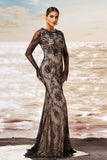 Black Apricot Mermaid Ruffled Neck Long Sleeves Ruched Lace Long Formal Dress