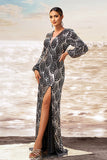 Black Silver Sheath V Neck Long Sleeves Long Formal Dress with Slit