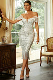 White Bodycon Ruffled Off the Shoulder Sequined Tea Length Formal Dress with Tassels