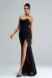 Black Mermaid Strapless Sequined Ruched Corset Long Formal Dress with Slit