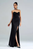 Black Mermaid Strapless Sequined Ruched Corset Long Formal Dress with Slit