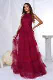 Burgundy A Line Tulle Halter Tiered Long Wedding Guest Dress