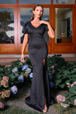 V Neck Short Sleeves Black Sheath Prom Dress with Slit