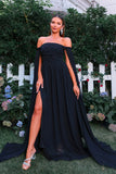 Elegant Black Off-Shoulder Prom Dress with Flowing Cape Sleeves