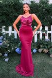 Burgundy Mermaid Spaghetti Straps Ruched Long Formal Dress