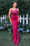 Burgundy Mermaid Spaghetti Straps Ruched Long Formal Dress