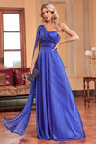 Royal Blue One Shoulder with Streamer A Line Ruched Long Bridesmaid Dress