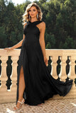 Black Criss Cross Straps A Line Long Bridesmaid Dress with Slit