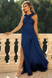 Black Criss Cross Straps A Line Long Bridesmaid Dress with Slit