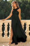 Black Criss Cross Straps A Line Long Bridesmaid Dress with Slit