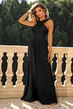 Black Criss Cross Straps A Line Long Bridesmaid Dress with Slit