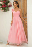 Blush Removable Straps A Line Pleated Bridesmaid Dress with Slit