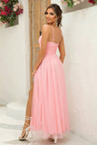 Blush Removable Straps A Line Pleated Bridesmaid Dress with Slit