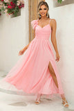 Blush Removable Straps A Line Pleated Bridesmaid Dress with Slit