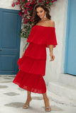 Red Off The Shoulder Tiered Pleated A Line Bridesmaid Dress