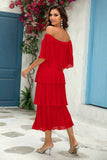 Red Off The Shoulder Tiered Pleated A Line Bridesmaid Dress