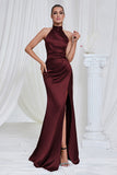 Mermaid Ruched Halter Pine Satin Bridesmaid Dress with Slit