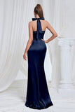 Mermaid Ruched Halter Pine Satin Bridesmaid Dress with Slit